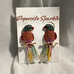 - 🦜GoldTone Sparkly Colorful Parrot Drop PostBack Unique Statement Earrings